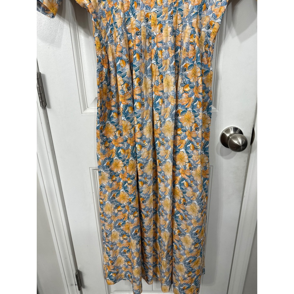 GIGIO USA Orange Blue Floral Smocked Waist Midi Dress Womens Size Medium V-Neck - Picture 5 of 10